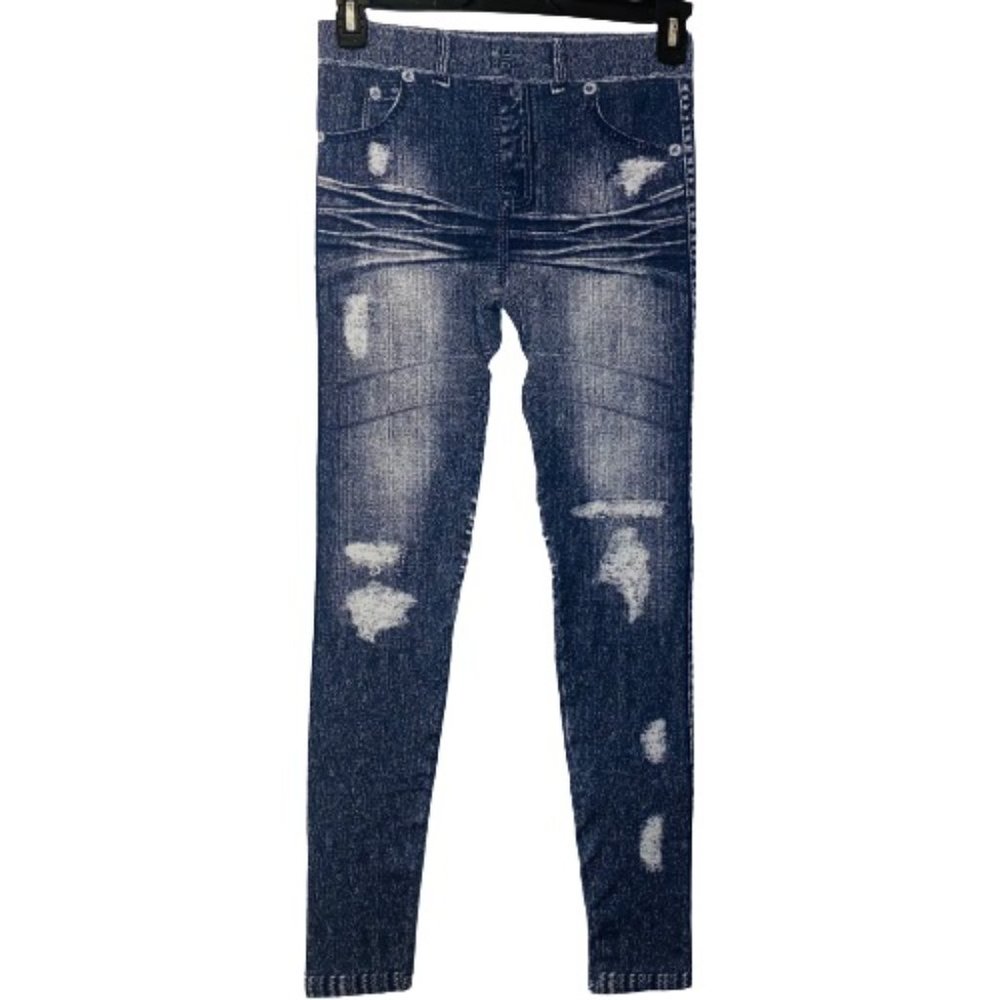 JUST - ONE DENIM PRINT FAKE JEANS DISTRESSING WHISKERING LEGGINGS SIZE LARGE